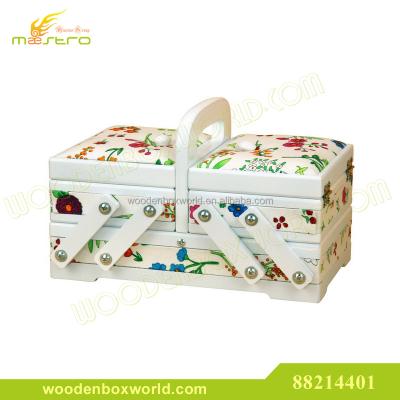 China Sustainable New Design Cantilever White Finish Foldable Wooden Box Sewing Decorative Cloth for sale