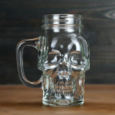 China Halloween Viable Mason Drinking Glass Skull Mugs Tumbler Cup With Handle Mouth Jar Old Fashioned Drinking Glasses Heavy Bottom for sale