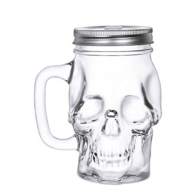 China Viable Mason Jars Mugs, Glass Skull Mason Drinking Mugs Tumbler Cup with Straw Mouth Jar Old Fashioned Drinking Glasses Heavy Bottom for sale