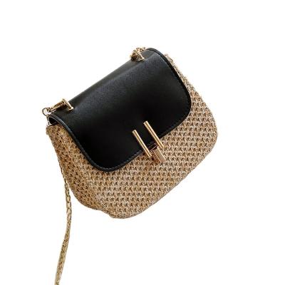 China ELLYSOn Style PU Patchwork Messenger Bag Women Fashion Preppy Straw Rattan Shoulder Bag Versatile Cross - Body Bag Small Square Handbag for sale