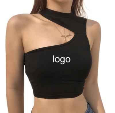 China Breathable Bustier Slim Fit Asymmetric Sleeveless Ladies Knit T-Shirts One Shoulder Black Crop Tops For Women for sale