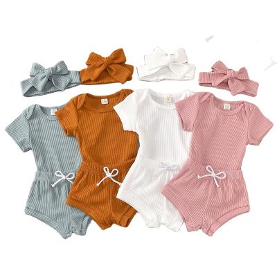 China Short Hot Selling Three Piece Headband Set Canvas Fabric Newborn Baby Clothes for sale