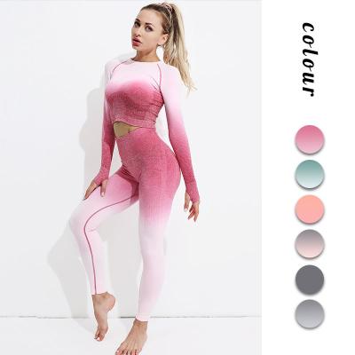 China Wholesale Size Breathable Long Sleeve Running Tight Pants Fitness Gradient Yoga Set Seamless Sports Wear For Women for sale