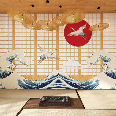 China Ukiyo-e grain sea wave decoration Japanese sushi Japanese restaurant wallpaper wood wallpaper for sale