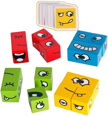 China Eco-friendly Material Wooden Expressions Matching Block Puzzles Building Cubes Toy Board Game Montessori Toy For Kids for sale