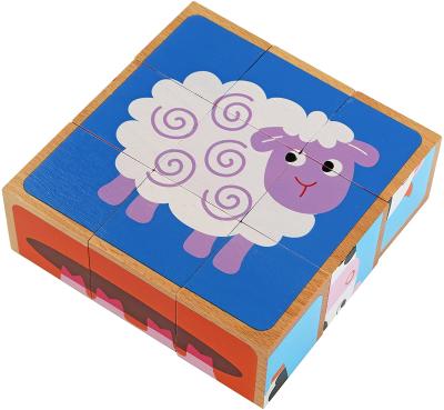 China Colorful 6-in-1 Block Adorable Puzzle Animal Hardwood Farm Colorful Solid Wooden Cube Blocks Baby Educational Toy for Boys and Girls for sale