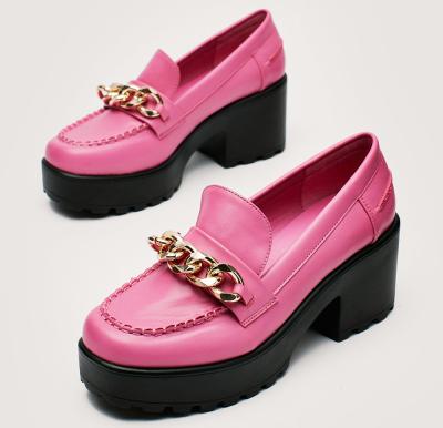 China Breathable Mary Janes Shoes Round Toe Ladies Dress Platform Block Heels Fuchsia Faux Leather Chunky Loafers Chunky Chain for sale