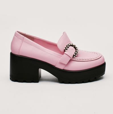 China Lady Breathable Mid Block Heel Pumps Bulky Faux Buckle Leather Embellished Loafers for sale