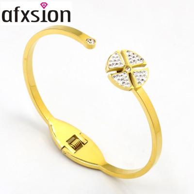 China 2020 New Design AFXSION Stainless Steel Windmill Diamond 18K Gold Rose Gold Silver Stainless Steel Spinning Bangle Jewelry Spring Bangle for sale