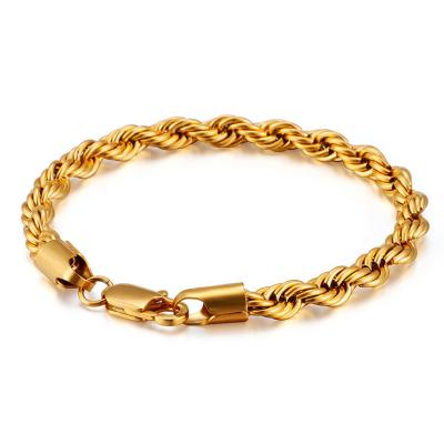 China AFXSION Hiphop Bracelet High Quality Men's Nightclub 6mm Twist 18k Gold Plated Stainless Steel Twist Braided Rope for sale