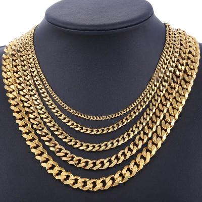 China AFXSION European and American Classic Men's Stainless Steel Gold Necklace 3mm6mm9mm11mm Wholesale Long Wide Chain Necklace Bracelet for sale