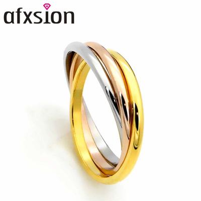 China CLASSIC hot sale fashion AFXSION Amazon simple tri ring hand ring gold silver rose gold stainless steel tricolor classic ring for sale