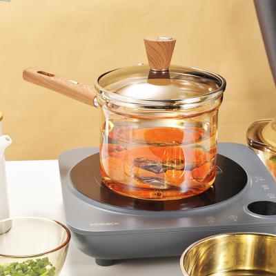 China Wholesale 16cm High Sustainable Clear Borosilicate Heat Resistant Glass Cooking Pot With Bakelite Handle for sale