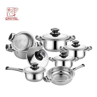 China Newest viable promotion cooking pot set cookware 12 pcs stainless steel cookware set with thermometer knob for sale