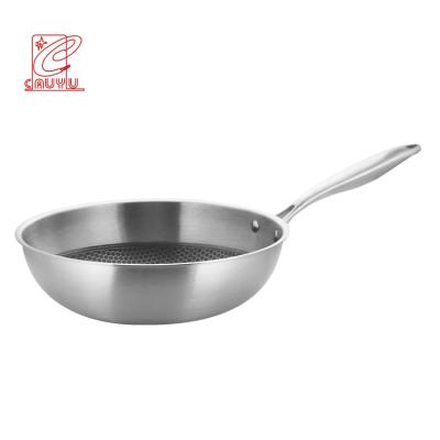 China Sustainable 304 Stainless Steel Honeycomb Frying Pan Chinese Wok Non-Stick Triple Wok Wok With Handle for sale