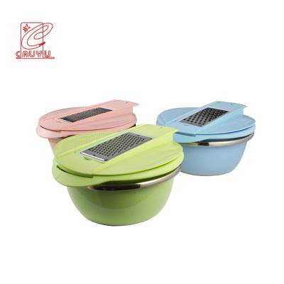 China 3pcs Multicolor Stainless Steel Strainer Basin Kitchen Fruit Viable Vegetable Basin With Grater for sale