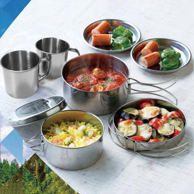 China Outdoor Camping Mirror Polishing Stainless Steel 8 Pieces Camping Cooking Pot Set In Outdoor for sale