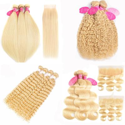 China Silky Straight Wave Raw Russian Blonde Virgin Hair 613 Bundles With Closure, 613 Cuticle Aligned Hair Bundles With Headband, 613 Blonde Deep Curly Hair for sale