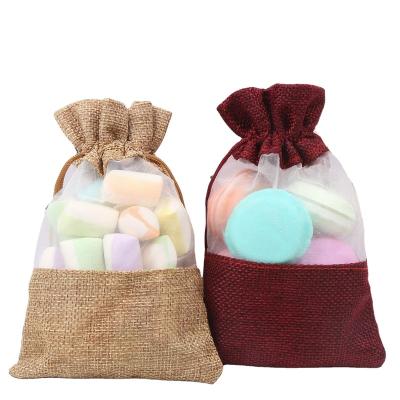 China Favor Customized Customized Eco Friendly Burlap Gift Bags With Organza Crush Window Candy Drawstring Bag for sale