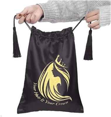 China Promotion Customized Logo Black Satin Silk Bags Wig Hair Packaging Bags With Black Tassels for sale