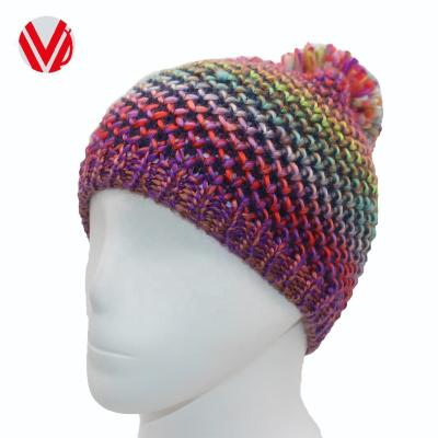 China China JOINT Manufacturer BSCI Knitted Rainbow Material Colors Casual Style Textured Crochet Pompom Beanie Hat for sale