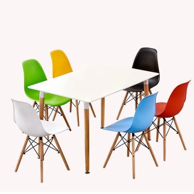 China Modern Wholesale Plastic White Chairs Modern Designs 6 Chairs Mesas y Mdf Sillas Furniture Dining Table And Chairs Set for sale