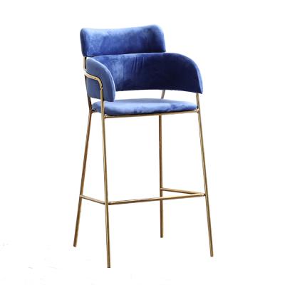 China Free sample comfortable modern barstools elegant velvet flannel luxury upholstered metal gold bar stools with back for sale