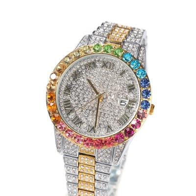 China New Hot Iced Rainbow Diamond Luxury Mens Watches Automatic Date 2020 Outlet Quartz Wrist Watch Big for sale