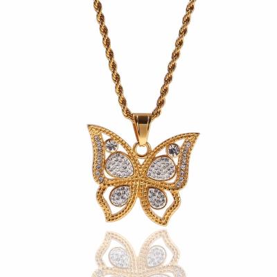 China European and American Butterfly Rhinestone Stainless Steel Hip Hop Pendant Necklace For Women Men Dropshipping Jewelry for sale