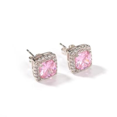 China Fashion Brass+Zircon Wand Pink CZ Stud Earrings Iced Out Square Zirconia Earring For Woman Female Jewelry Dropshipping for sale