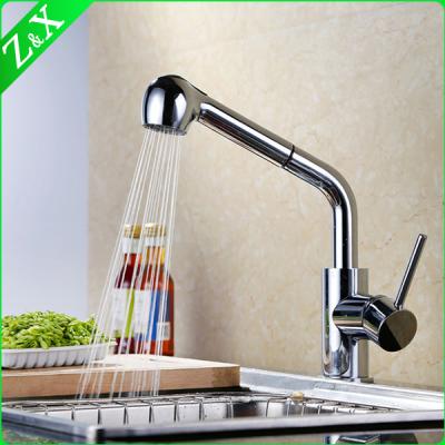 China Contemporary Chrome Finish Kitchen Sink Faucet Deck Mount Pull Out Dual Sprayer Spout Mixer Hot Cold Water Taps for sale