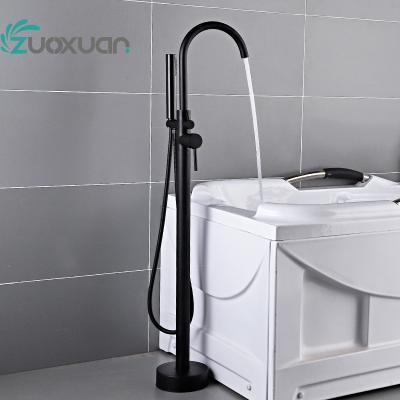 China Without Slide Bar Brass Floor Free Standing Bathtub Faucet Black With Hand Shower for sale