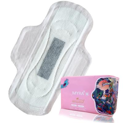 China Super Absorbent Sexy Black Charcoal Ion Sanitary Napkins With MYRA Private Label Disposable Negative Sanitary Napkin 290mm for sale