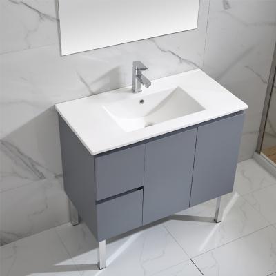 China Modern Hotel Free Standing Wash Basin PVC Bathroom Vanity Cabinet With Mirror for sale