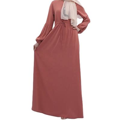 China Polyester 2023 New In Stock Solid Color Lantern Sleeve Elastic Cuff Muslim Dress Islamic Long Dress Muslim Robe Student for sale