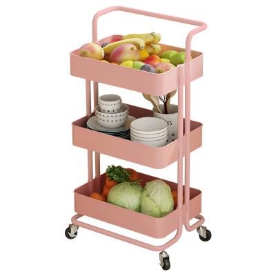 China Multicolor Stocked Metal Carbon Steel Kitchen Trolley 3 Tier Storage Rack for sale