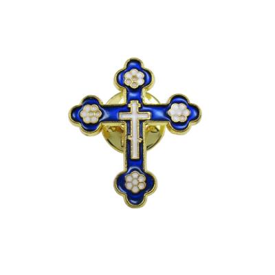 China Europe Gold Plated Red And Royal Blue Religious Metal Cross Brooches Lapel Pin for sale