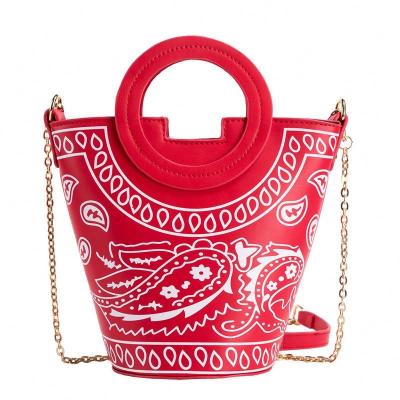 China Fashion 2023  new design  Pu leather Bandana print  bandana purse bucket bags  bucket purses and handbag for women with chain for sale