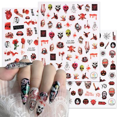 China New Free Shipping Thriller Eco-friendly Material Bloody Halloween Nail Art Accessories Witch Skull Red Lips 3D Halloween Nail Stickers for sale