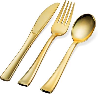 China Minimalist gold plastic silverware set, disposable flatware, heavy cutlery, luxury silver spoon fork knife for wedding party for sale