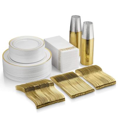 China Disposable Gold Plastic Dishes With Cutlery& Disposable Gold Plastic Cup-Party Dishes And Napkins Sets For Wedding&Parties for sale