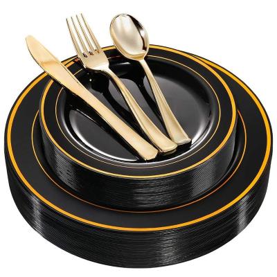 China Traditional 125 Pcs Black Plastic Dishes With Gold Rim And Gold Plastic Disposable Silverware - Premium Heavy Plastic Dinnerware for sale