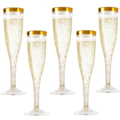 China Disposable Plastic Champagne Flutes Rose Gold Glitter With Rim Toasting Disposable Glass Cocktail Cups For Wedding Party, 6.5 Ounce for sale