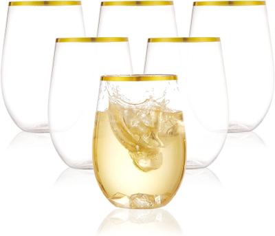 China 12 oz Wedding Bar Gold Rim Stemless Plastic Wine Glasses - Recyclable and BPA Free Drinkware, Stylish Unbreakable for sale