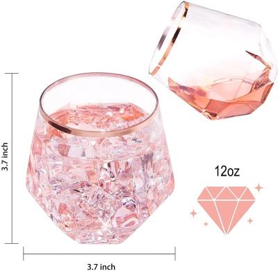 China Rose Gold Diamond Shaped Plastic Traditional Stemless Wine Glasses Set Of 24, 12 Ounce Disposable Clear Plastic Whiskey Glasses For Birthday for sale