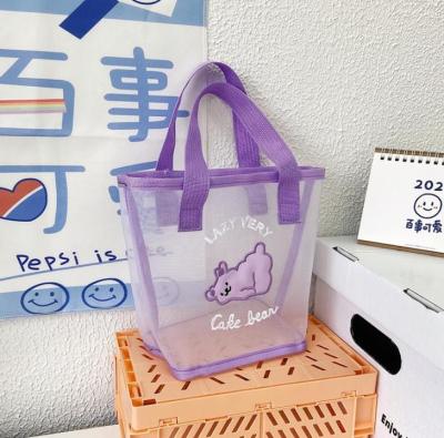 China 100% Eco-friendly cute bear mesh tote bags for women summer girl beach bag fashion transparent handbag for sale