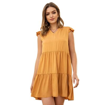 China Summer Sale Ruffle V-Neck Anti-Static Hot Sleeveless Girl Mini Dress Solid Casual Dress for sale