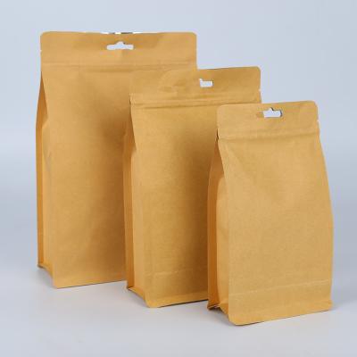 China China Stock Quad Seal Brown Flat Bottom Stand Up Doypack Kraft Paper Food Zipper Pouch Bag for sale