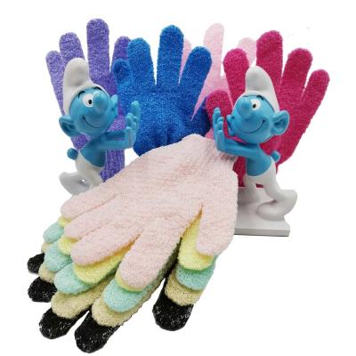 China All Natural Low Cost High Quality Colorful Nylon Five Finger Shower Body Scrubber Exfoliating Bathing Gloves for sale