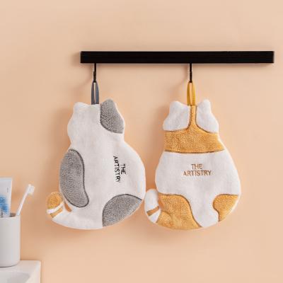 China Cute Animal Type Cat Hand Towel Thick Absorbent Coral Fleece Children Hanging Water Absorption Household Hand Towel for sale